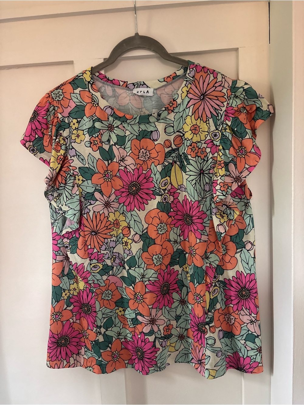 SPLA Floral Ruffle Sleeve Blouse in Pink & Orange
